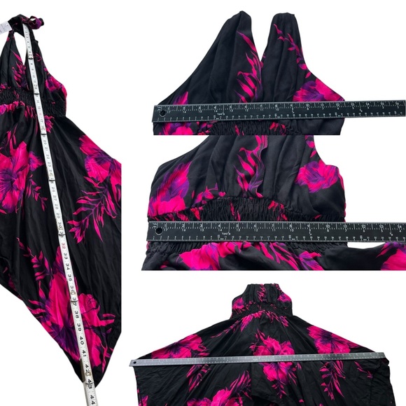 Tropical Women’s OS Pink, Purple Black Hibiscus Floral Halter Handkerchief Dress - Picture 4 of 16